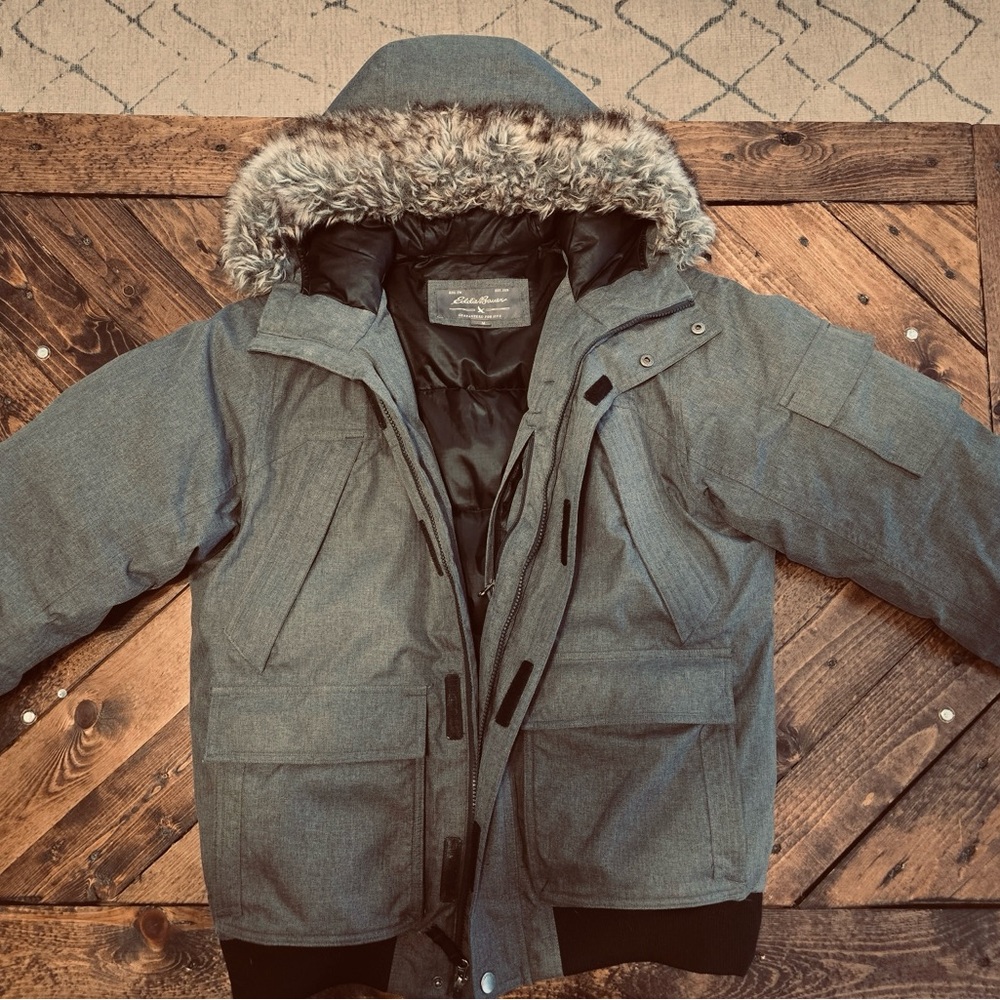 Eddie Bauer Gray Puffer Jacket with Faux Fur Hood and Insulation
